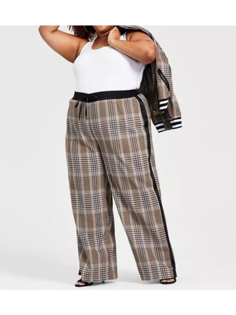 Nina Parker Pants Womens 20W Brown Plaid Wide Leg Pull On Drawstring Waist Boho